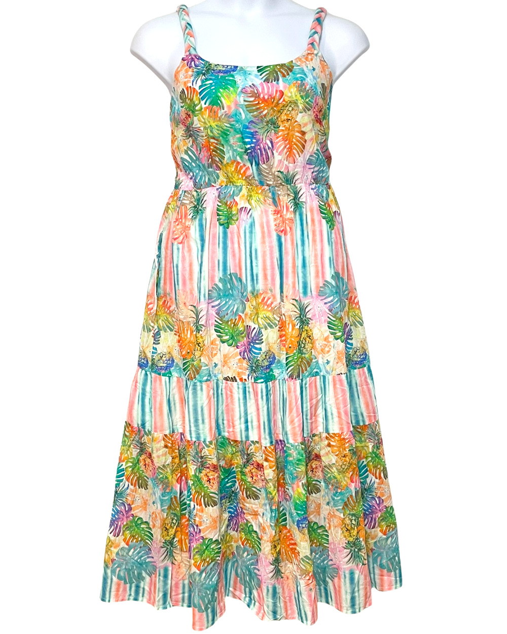 Destination 365 QVC Sz XS (Fits XS-S) Tiered Maxi Dress Braided Straps Tropical